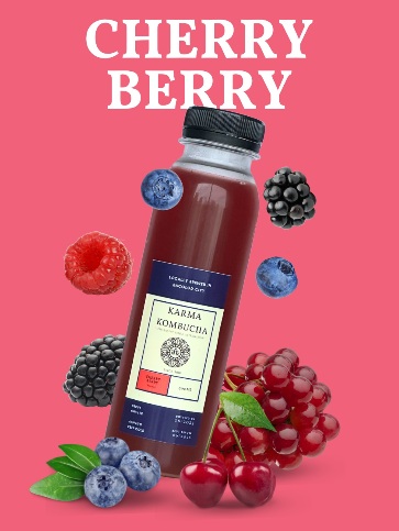 Karma Kombucha Cherry Berry bottle with fruit